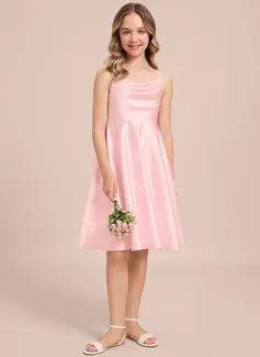 A-line Cowl Knee-Length Satin Junior Bridesmaid Dress With Bow 