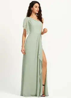 A-Line One-Shoulder Floor-Length Bridesmaid Dress With Ruffle Split Front 