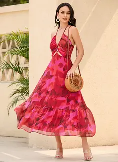 Firkantet utringning Ermeløs Ferie A-line kjole Chiffong Midi Motekjoler 