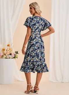 Ruffle Floral Print V-Neck Short Sleeve Sheath/Column Printed Fabric Midi Dress 