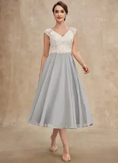 A-Line V-neck Tea-Length Chiffon Lace Mother of the Bride Dress With Beading 