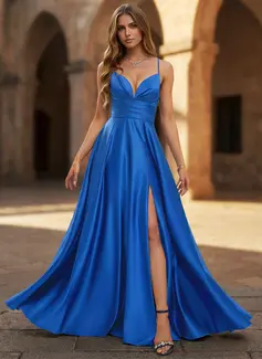 Kjole i Sateng med Spaghetti Plissert