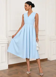 V-Neck Sleeveless A-line Stretch Satin Midi Dress 