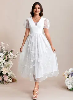 Embroidered V-Neck Short Sleeve A-line Lace Midi Dress 