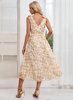 Bow Floral Print V-Neck Sleeveless A-line Chiffon Midi Dress 
