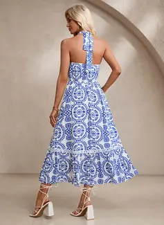 Floral Print Halter Sleeveless A-line Rayon Midi Dress 