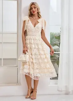 Bow Embroidered V-Neck Sleeveless A-line Tulle Midi Dress 