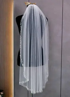 Beading Cut Edge Single Tier Tulle Bridal Fingertip Length Wedding Veils 