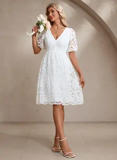 A-line V-Neck Knee-Length Lace Wedding Dress 