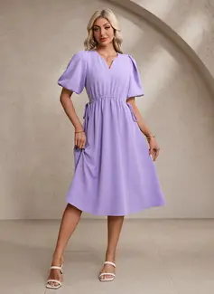 V-Neck Short Sleeve A-line Stretch Crepe Midi Dress 