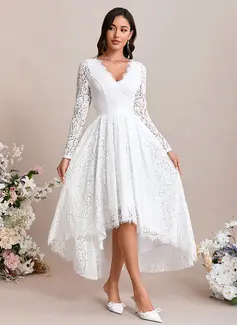 A-line V-Neck Ankle-Length Asymmetrical Lace Wedding Dress With Ruched 
