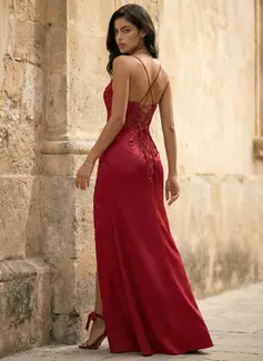 Sheath/Column V-Neck Spaghetti Straps Sequins Satin Dress