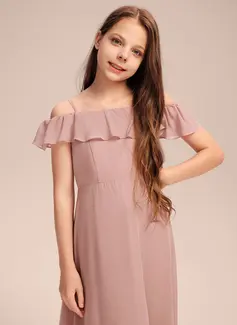A-formet Off-the-Shoulder Gulvlengde Chiffong Brudepikekjole til tenåringer 
