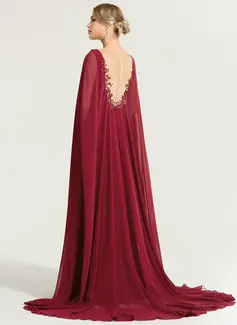 A-Linien-Kleid V-Ausschnitt Pinsel-Schleppe Spitze Chiffon Abendkleid mit Cape-Ärmel Pailletten 