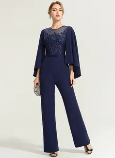 Jumpsuit / Pantsuit Scoop Illusjon Gulvlengde Blonder Strekk-crêpe Festkjole med paljetter Sløyfe (r) 