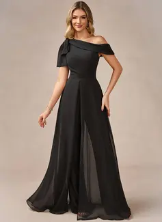 Jumpsuits One Shoulder Floor-Length Chiffon Evening Dress With Overskirt Bow 