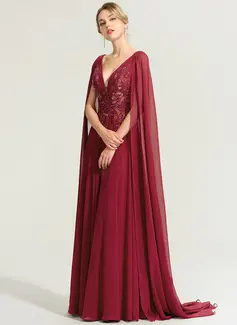 A-Linien-Kleid V-Ausschnitt Pinsel-Schleppe Spitze Chiffon Abendkleid mit Cape-Ärmel Pailletten 