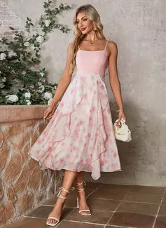 Ruffle Floral Print Square A-line Chiffon Stretch Crepe Midi Dress 