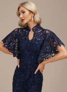 Linjeform høy Hals Illusjon Gulvlengde Blonder Festkjole 