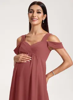 A-line Cold Shoulder V-Neck Floor-Length Chiffon Maternity Dresses With Pleated 