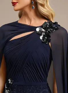 Sheath/Column Boat Neck Floor-Length Lace Chiffon Evening Dress With Cape Sequins Pleated 