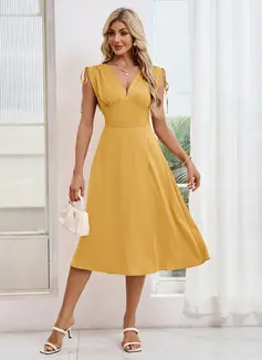 Ruched V-Neck Sleeveless A-line Satin Midi Dress 