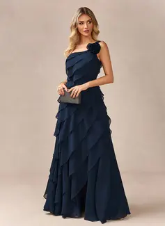 A-line One Shoulder Floor-Length Chiffon Evening Dress With Cascading Ruffles Flower 