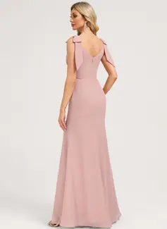 A-line V-Neck Knee-Length Floor-Length Chiffon Bridesmaid Dress With Bow 