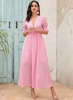 V-hals 1/2-ermer Avslappet A-line kjole Polyester Midi Motekjoler 