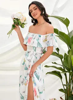 Splittet Front Bare skuldre Ermeløs Ferie A-line kjole Chiffong Midi Ankel-lengde Motekjoler 