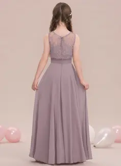 A-Linien-Kleid Rundhals Bodenlang Chiffon Spitze Kleider für junge Brautjungfern 