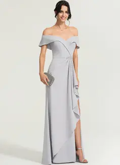 Slire Skulderfri Gulvlengde Stretch crepe Festkjole med Brusende Volanger Profilering 