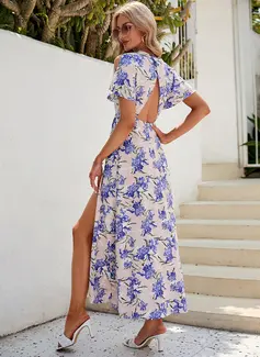 V-hals Kortermer Ferie A-line kjole Chiffong Midi Motekjoler 