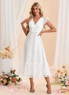 A-line V-Neck Tea-Length Tulle Wedding Dress With Embroidered 
