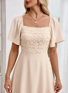 Square Short Sleeve A-line Crepe Lace Midi Dress 