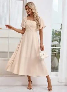 Square Short Sleeve A-line Crepe Lace Midi Dress 