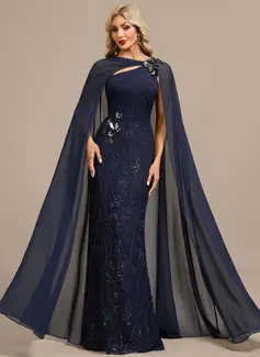 Sheath/Column Boat Neck Floor-Length Lace Chiffon Evening Dress With Cape Sequins Pleated 