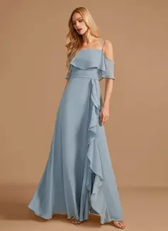 A-line kjole Skulderfri Gulvlengde Chiffon Brudepikekjole med Ruffle 