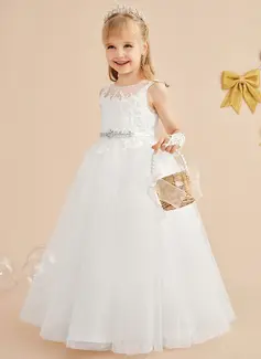 A-Linien-Kleid Rundhals Bodenlang Spitze Tüll Blumenmädchenkleid 