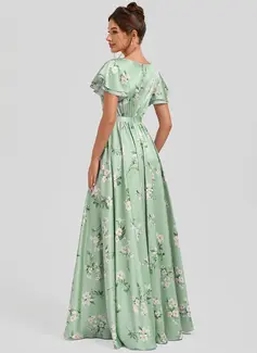 A-line Scoop Floor-Length Matte Satin Bridesmaid Dress With Ruffle 