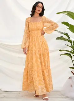 Firkantet utringning Lange ermer Elegant A-line kjole Chiffong Midi Motekjoler 