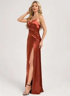 A-line V-Neck Floor-Length Stretch Satin Bridesmaid Dress 