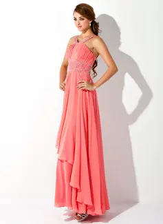 Two Piece A-Line Round Neck Beaded Chiffon Blush Floor Length Prom Dress