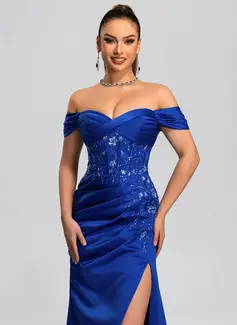 Skede Off-shoulder Gulvlængde Satin Balkjole med Plisseret pailletter Applikationer Lace 