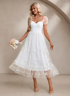 Embroidered Sweetheart Short Sleeve A-line Tulle Midi Dress 