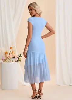 Ruched Pleated V-Neck Cap Sleeve Trumpet/Mermaid Spandex Midi Dress 