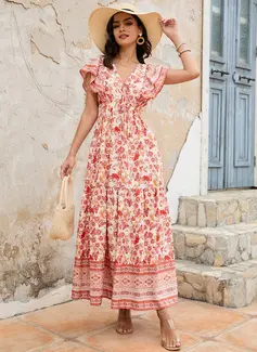 V-hals Kortermer Ferie A-line kjole Polyester Midi Motekjoler 