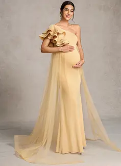 Sheath/Column One Shoulder Sweep Train Tulle Jersey Maternity Dresses With Ruffle 