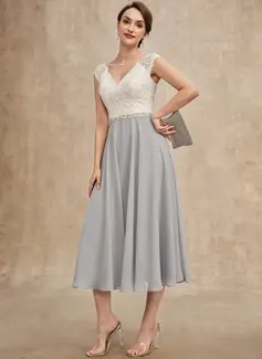 A-Line V-neck Tea-Length Chiffon Lace Mother of the Bride Dress With Beading 