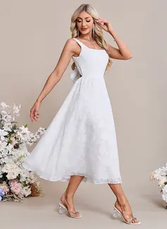 A-line Square Tea-Length Chiffon Wedding Dress 